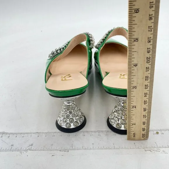 FSJ Emerald Rhinestone Cone Low Heel Mule Pointed Toe One Strap Slip On Sandals - Picture 5 of 8